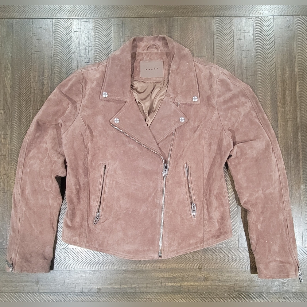BlankNYC Pink Suede Leather Moto Jacket Zip Asymmetrical Cropped SZ Large